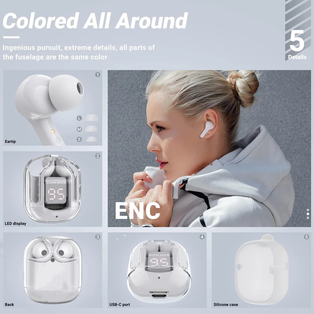 T6 Crystal Wireless Earphones Bluetooth Headphone with LED Display Gaming