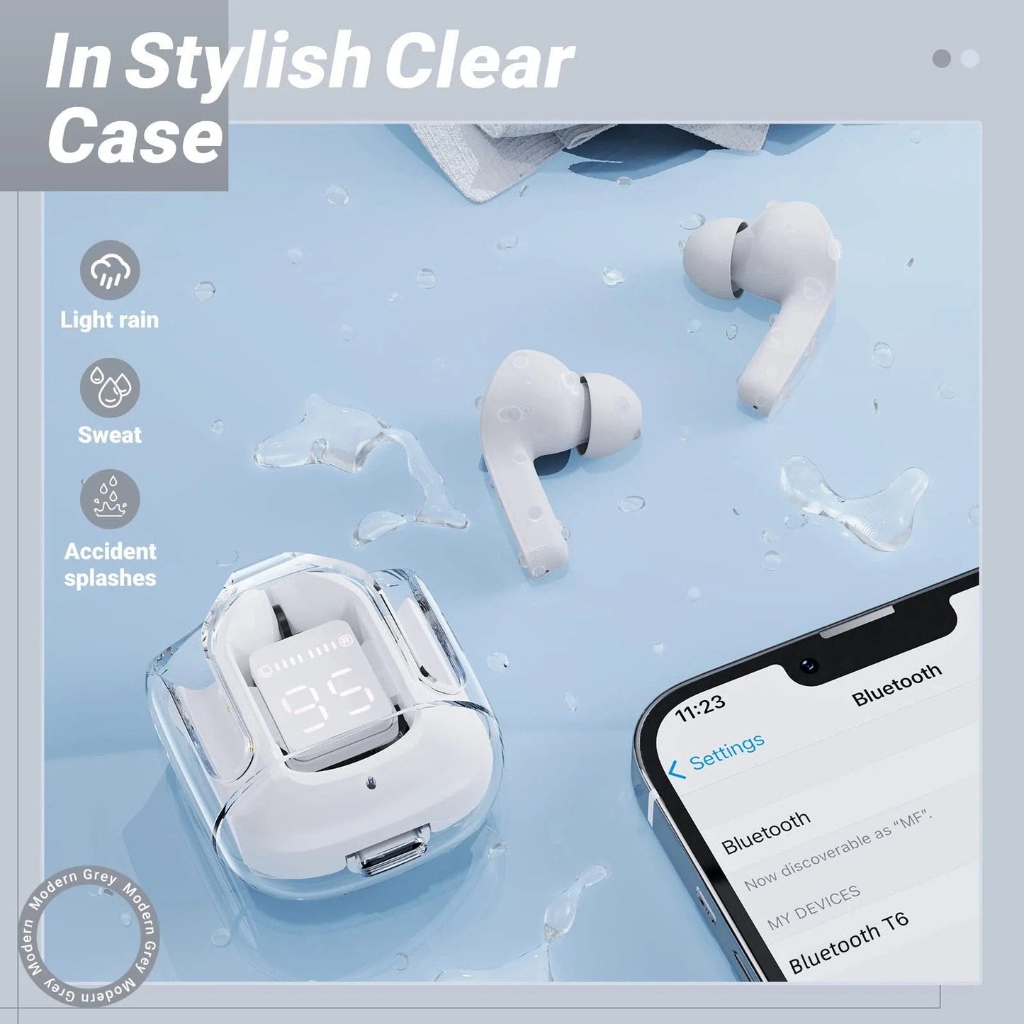 T6 Crystal Wireless Earphones Bluetooth Headphone with LED Display Gaming